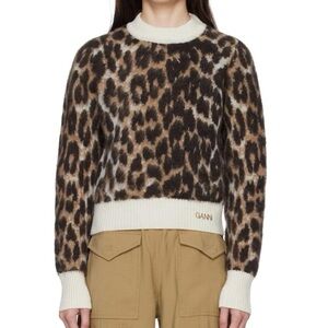 Ganni Leopard Print Crew Neck Sweater - Brown and Cream